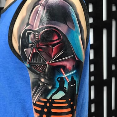 Bright colorful illustrative Star Wars tattoo of Luke and Darth Vader battle scene by Jeff Wortham, Orlando Florida