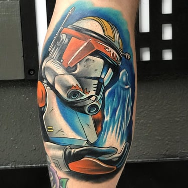 Color realism Star Wars Order 66 Cody tattoo with hologram and armor, detailed shading by Jeff Wortham, Orlando Florida