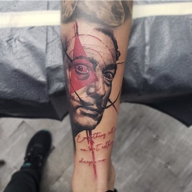 Two tone trash polka Dali tattoo by Tone Rez at Orange Grove Tattoo in Oviedo, Florida outside of Orlando. 