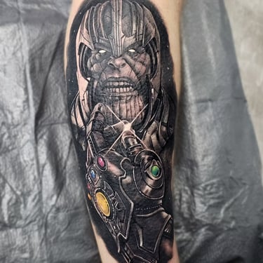 Black and Grey Realism Portrait of Thanos by Tone Rez at Orange Grove Tattoo in Oviedo, Florida near Orlando. 