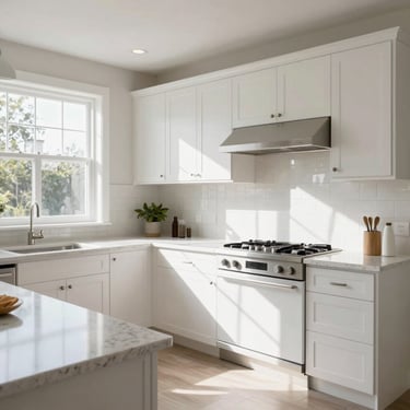 Bright sunlit kitchen remodel with clean white cabinets, polished quartz countertops, and modern tile backsplash, high-key natural daylight, wide angle.