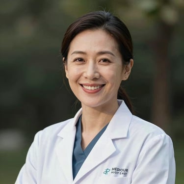 A professional, warm portrait of a female speech pathologist smiling warmly, natural outdoor background, soft lighting.
