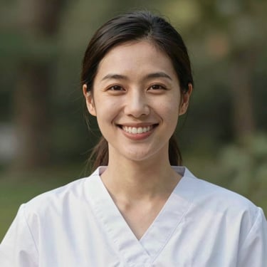 A professional, warm portrait of a female occupational therapist in her 30s smiling warmly, natural outdoor background, soft lighting.