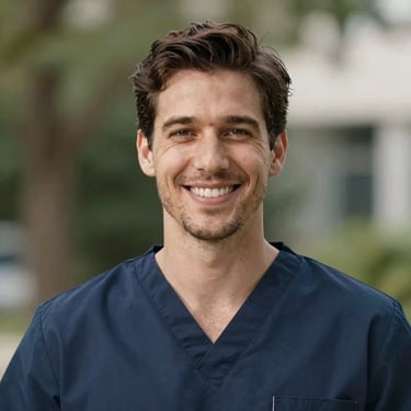 A professional, warm portrait of a male physiotherapist smiling kindly, natural outdoor background, soft lighting.