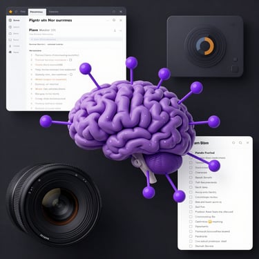 UI visualization of a neural mind map with purple nodes connecting a web link, a screenshot, and a task list.