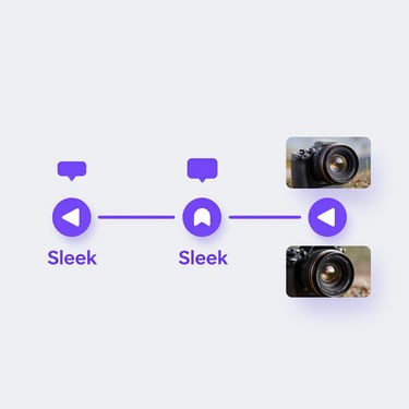 Sleek chronological timeline UI component with minimal icons for voice notes and screenshots, soft purple accents, clean light gray background.