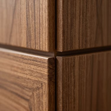 Extreme close-up macro shot of a perfectly flush cabinet joint, showcasing the razor-thin seam and matched walnut wood grain, soft side-lighting.