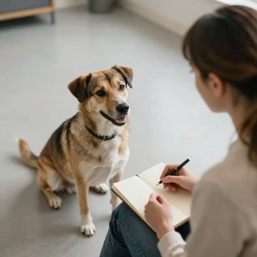 Overhead perspective of a behavioral consultation — a woman observing a dog from a short distance in a calm interior space, notebook in hand, soft north-facing diffused light, neutral tones