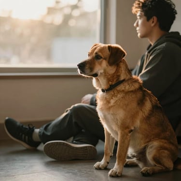 Side view of a person sitting quietly on the ground beside a medium-sized dog, both at rest, soft golden hour light filtering through a window, the dog's gaze directed forward, unhurried atmosphere