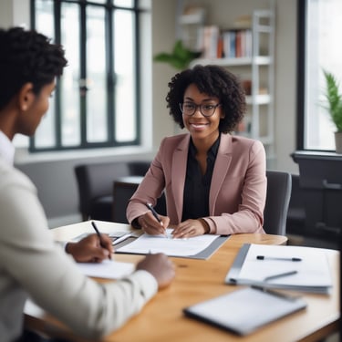 a woman in a pink suit sitting at a table with a man in a suit