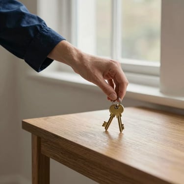 A close-up detail of a hand placing a set of brass keys on a clean, solid oak console table, soft natural overcast daylight filtering through a window, minimalist elegant interior, 35mm lens.