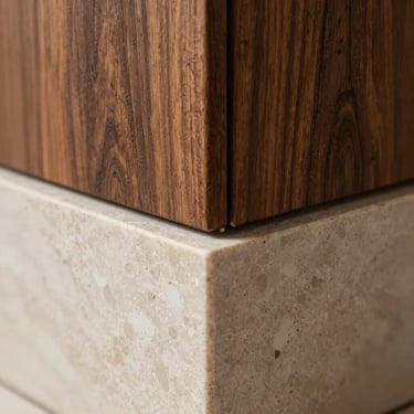 Extreme close-up of a structural joint where raw travertine meets dark walnut wood, sharp geometric seam, dramatic natural side-light.