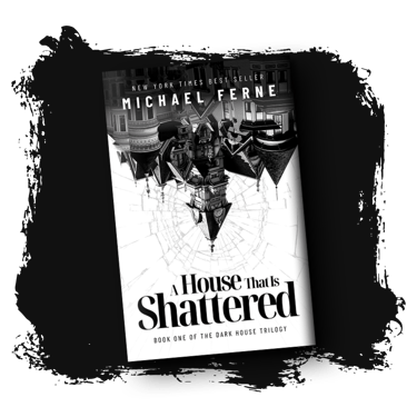 The book "A House That is Shattered" by Michael Ferne. A collage of upside-down manor turrets in front of shattered glass.