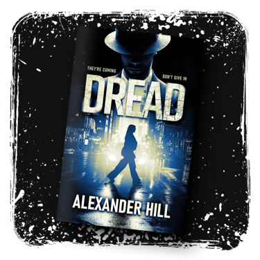 The book "Dread" by Alexander Hill. The silhouette of woman crossing the street in front of an oncoming car.
