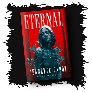 The book "Eternal" by Jeanette Cabot. A shattered stone statue of woman in front of forest of red light.