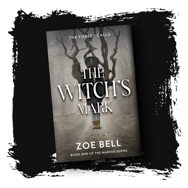 The book "The Witch's Mark" by Zoe Bell. A young woman is floating in the foggy forest with a dead tree growing from her back