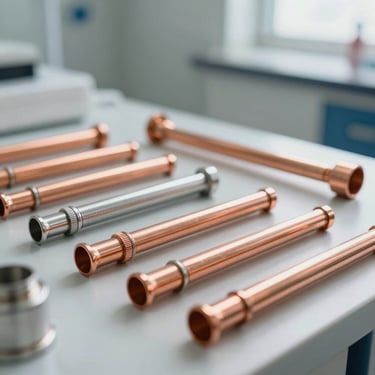 Macro shot of clean, professional diagnostic tools and copper piping neatly arranged on a work surface, bright natural lighting simulating a clean Dubai interior.