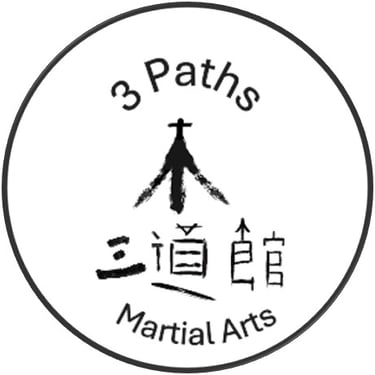 Official circular logo for 3 Paths Martial Arts featuring black ink brush calligraphy and a central arrow symbol.