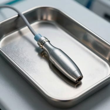 Intraoral digital sensor on a sterile medical tray, showing the flexible cable and precise ergonomic edges.
