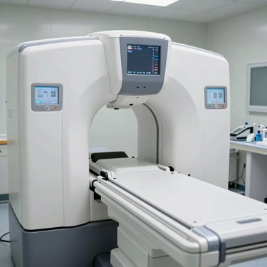 Digital panoramic X-ray machine, elegant white chassis, clean lines, bright clinical daylight framing.