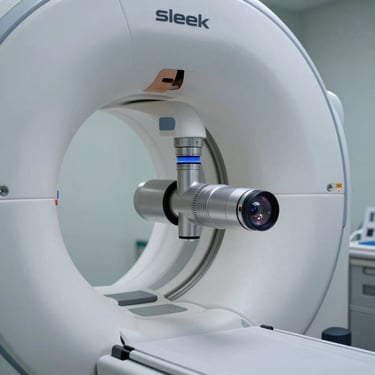 Sleek modern CBCT 3D scanner head, cool clinical lighting, sterile environment, sharp focus on the rotating sensor joint.