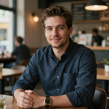 A portrait of a male business owner in a casual-professional North American / US bistro setting, looking approachable and content.