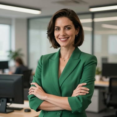 A portrait of a professional woman in a modern North American / US office, smiling confidently, dressed in professional matte forest green attire.