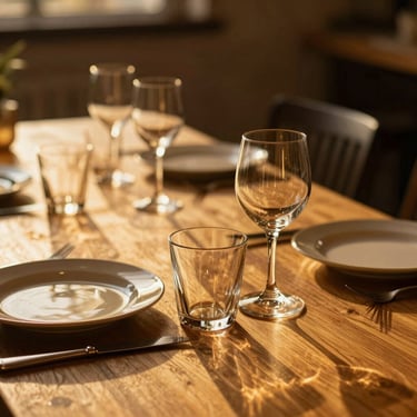 A table setting bathed in low-angle golden hour sun, amber light catching glassware, warm and inviting atmosphere.