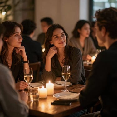 Candlelit indoor gathering with soft shadows and warm ambient light, guests talking softly in the background, intimate vibe.