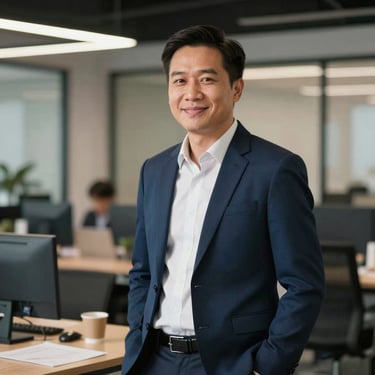 A professional Vietnamese male entrepreneur in a smart casual outfit standing in a modern workspace, looking positive and trustworthy.