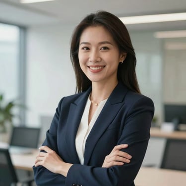 Portrait of a confident Vietnamese businesswoman smiling in a bright, modern corporate setting, wearing professional attire.
