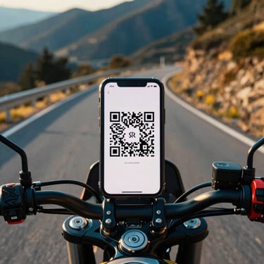 Close-up of a smartphone screen displaying a clean QR code for instant app download, mounted on a motorcycle handlebar with leather grips, blurred background of a winding mountain road at golden hour, high-contrast blue and yellow tones, 35mm film style