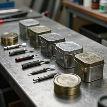 A row of vintage metal wax tins and detailing tools resting on a clean steel workbench in a dimly lit studio.