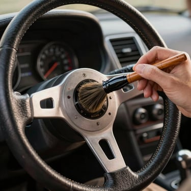 Close-up of a vintage leather steering wheel and dashboard being carefully detailed with a fine horsehair brush, warm side lighting.