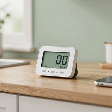 An elegant plug-in electricity usage monitor showing digital consumption figures on a kitchen counter, soft daylight, 35mm lens