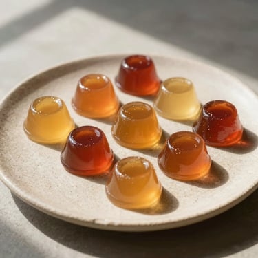 Minimalist artisanal fruit jellies arranged neatly on a textured stone plate, warm afternoon sun casting soft geometric shadows.