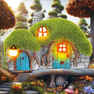 Magical fairy garden house with glowing windows, moss roof, and blue doors in an enchanted forest.