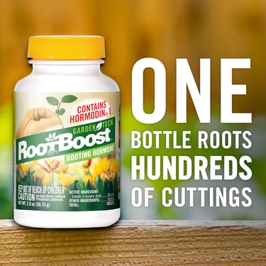 GardenTech RootBoost rooting hormone bottle for plant cuttings with Indole-3-butyric acid.