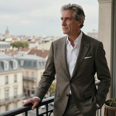 A distinguished man in his 60s, appearing fit and mentally sharp, standing on a balcony overlooking a European city, wearing a bespoke suit, embodying the Zelyron lifestyle.