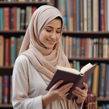 Photo of a smiling woman holding a book with a navy blue and light brown background.