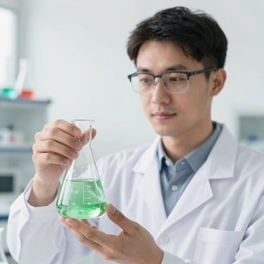 Professional portrait of a male chemical engineer in a bright modern laboratory, holding a flask of clear bio-stimulant formula, clean white background.