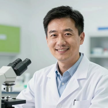 Professional portrait of a male soil microbiologist in a clean white lab coat, smiling confidently, bright clinical studio lighting, shallow depth of field.