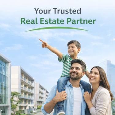 A happy family looking at modern apartment buildings with text reading Your Trusted Real Estate Partner.