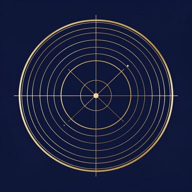 Minimalist vector diagram of astronomical coordinate lines, golden concentric rings on a deep navy background, precise mathematical layout.