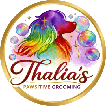 Thalia's Pawsitive Grooming logo featuring a rainbow dog silhouette with colorful bubbles and gold sparkles.