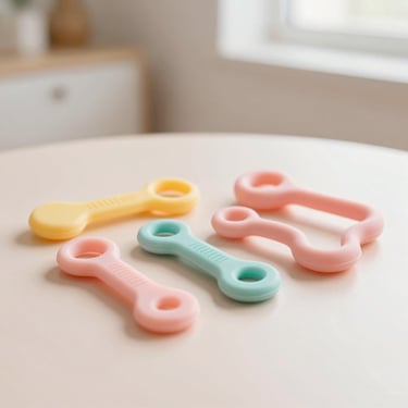 Medical-grade silicone oral motor therapy tools on a clean pastel surface, shallow depth of field