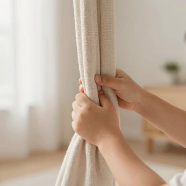A child's hands calmly grasping a textured sensory integration swing fabric, soft morning light