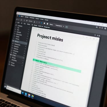 Close-up of a developer's screen showing a project milestone document and terminal window with build logs, cool monitor glow in a dark studio, sharp focus on screen text, no person visible