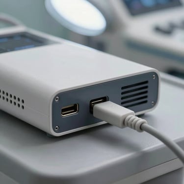 Close-up of a portable ultrasound device's side panel showing a USB-C power connector, ventilation slots, and a cable strain-relief clip on a grey clinical surface, clinical overhead lighting, sharp technical detail, no hands
