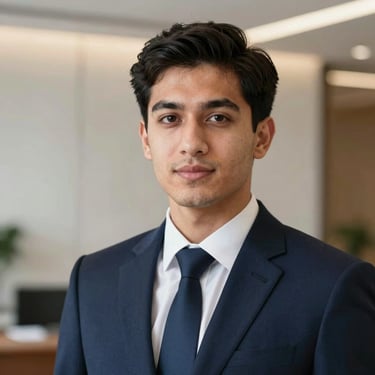 Close-up portrait of a young Saudi financial analyst, professional navy suit, high-end corporate office background, soft diffused lighting, professional 35mm.